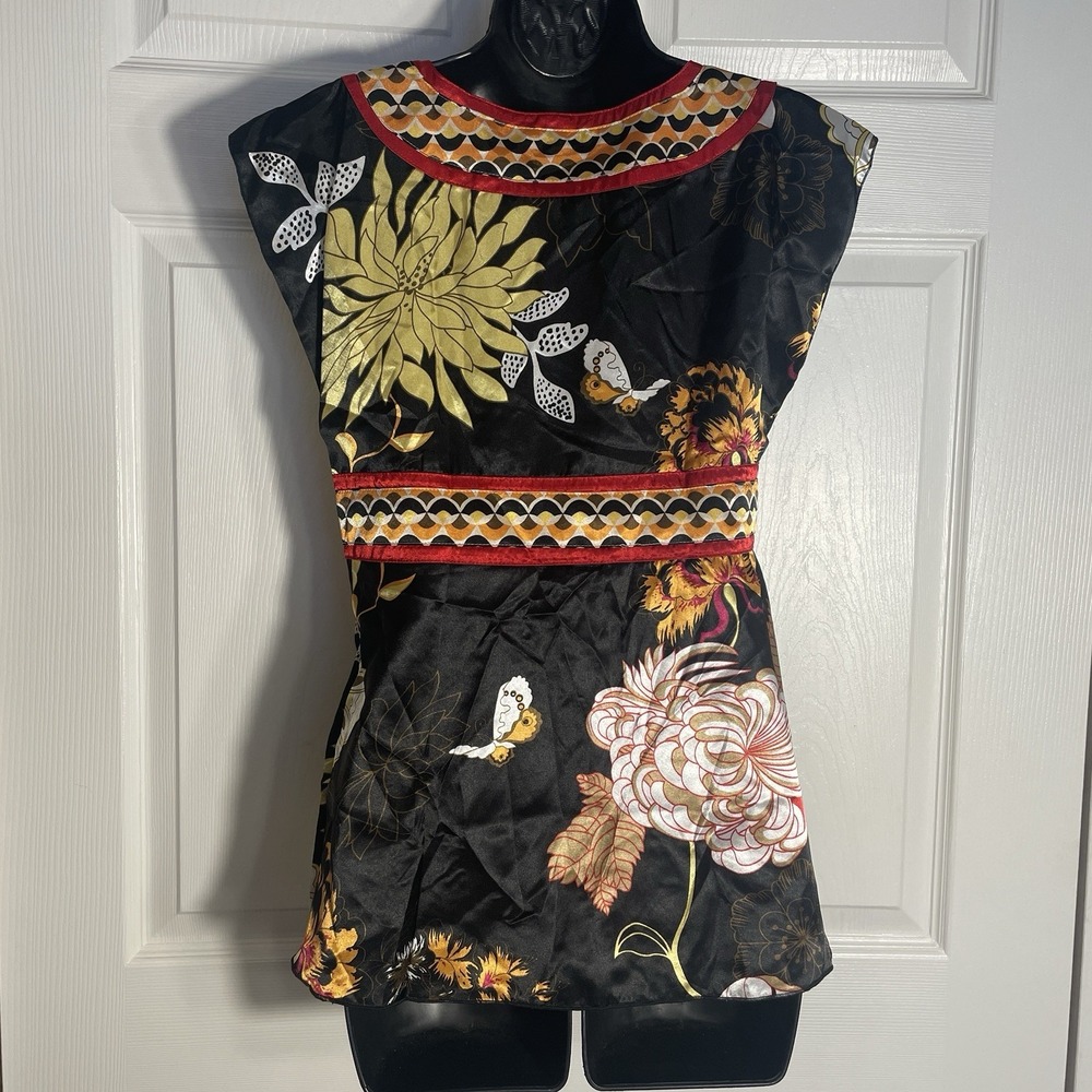 Wet Seal Babydoll Y2K Shirt Women M Black Floral Asian Inspired Sleeveless Top - Picture 3 of 10